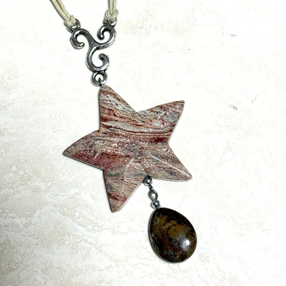 2/$20, Earthy Crazy Lace Agate Star Necklace, Genuine Gemstone Cord Necklace - Picture 4 of 14